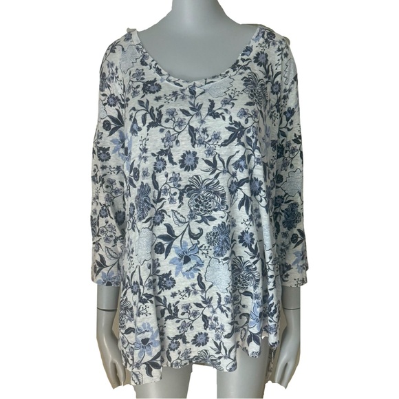 Rachel Zoe Tops - RACHEL ZOE 100% Linen Floral Knit Tunic Tee V-Neck Top 3/4 Sleeves Blue White